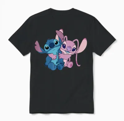 Disney Stitch & Angel Hug Valentine's Day Couples 2-Sided Unisex T-Shirt - Black