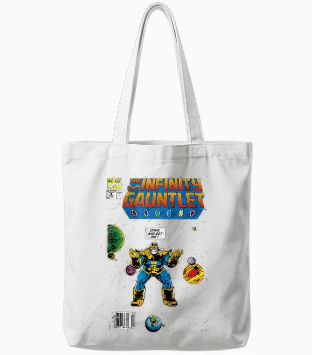 Marvel Thanos Infinity Gauntlet Comic Book T-Shirt, Black, S Tote Bags in White