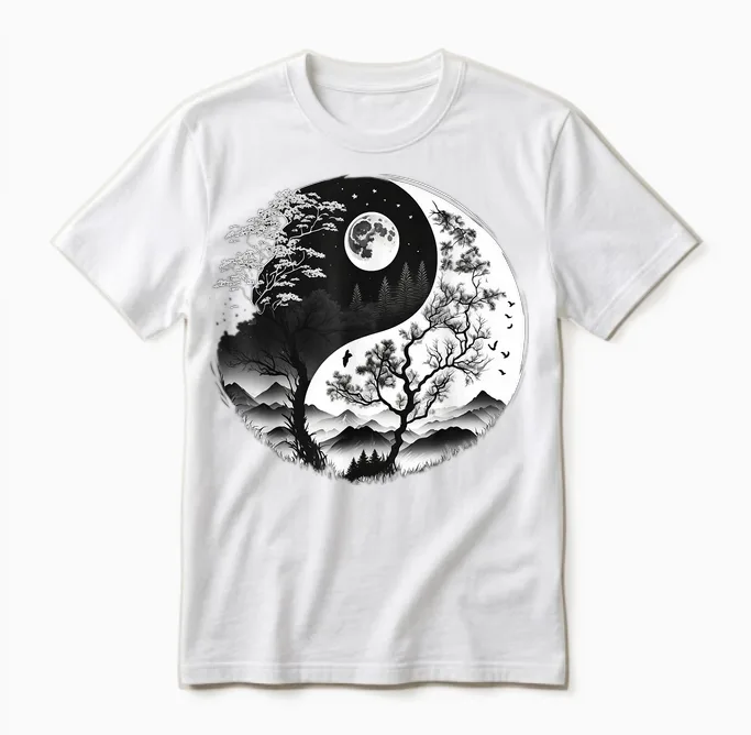 Black and White Yin Yang Symbol on Nature Taijitu Yin Yang T-Shirt, Black Unisex T-Shirt in White