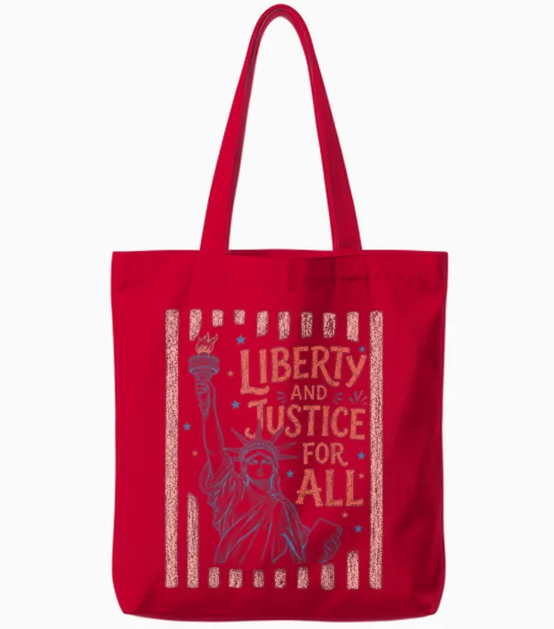 Retro Funny 4th of July with Liberty and Justice for All Tote Bags in Red