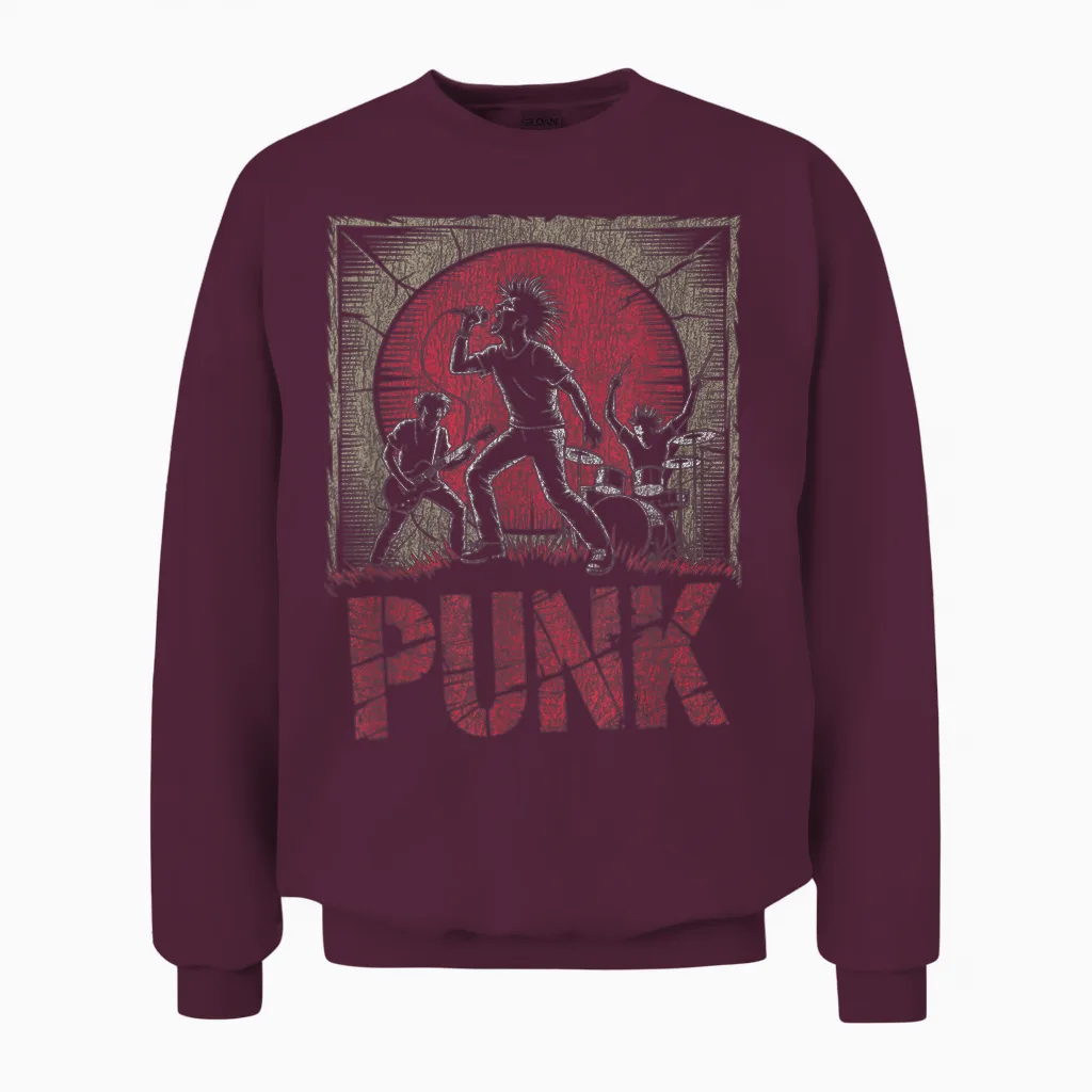 Punk Rock Band with Mohawk Singer and Raw Energy Unisex Sweatshirt in Maroon