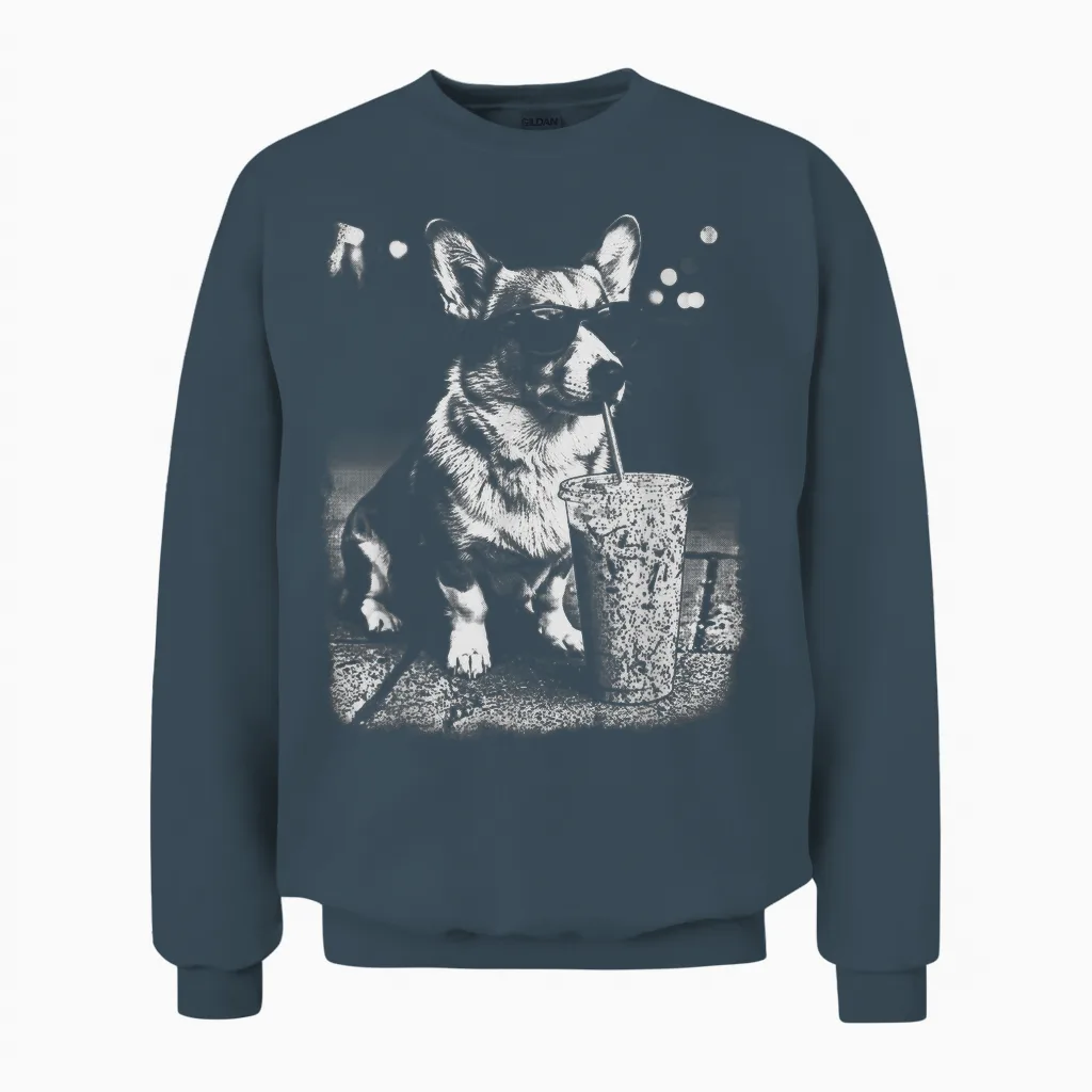Corgi Boire Du Café Glacé Drôle Animal Chien Meme Humour Unisex Sweatshirt in Dark Heather