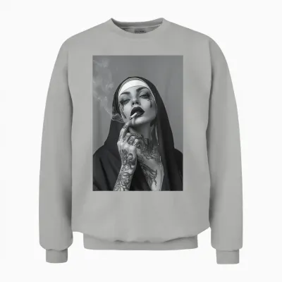 Tattooed Nun Smoking Cigarette Rebbel Christian Jesus Unisex Sweatshirt - Ash