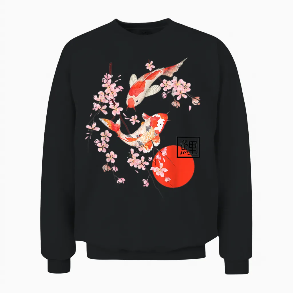 Cherry Blossom Koi Carp Fish Japanese Sakura Art Graphic Unisex Sweatshirt in Black