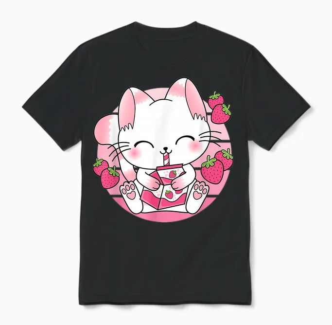 Süße Japanische Anime Kawaii Erdbeermilch Katze Manga Otaku Unisex T-Shirt in Black