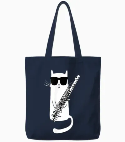 Funny Cat Wearing Sunglasses Playing Flute T-Shirt Small Tote Bags - Navy