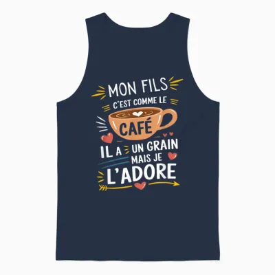 Mon Fils Comme Le Café – Gift Humour Coffee T-Shirt, Black, S Unisex Tank Top - Navy