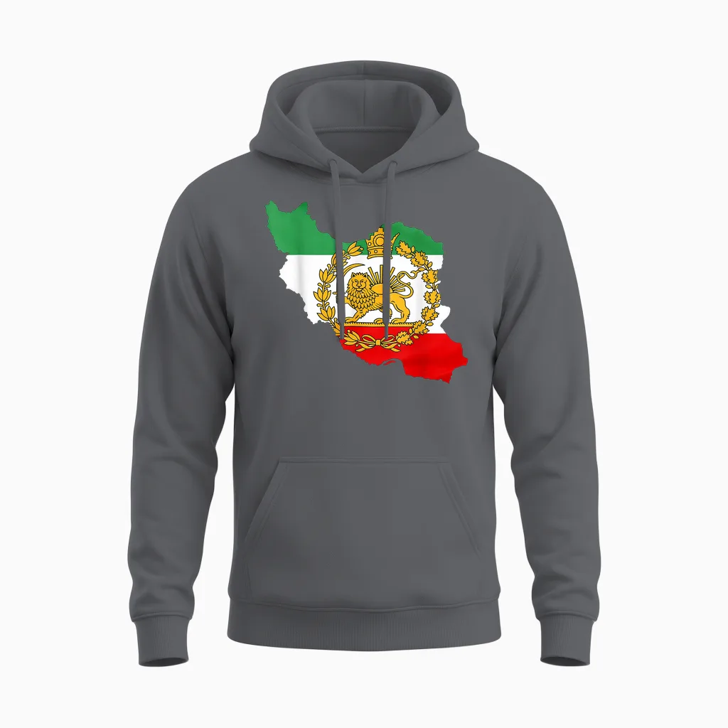 Persian Lion, Iran Map, Iranian Flag, Lion & Sun Unisex Hoodie in Charcoal