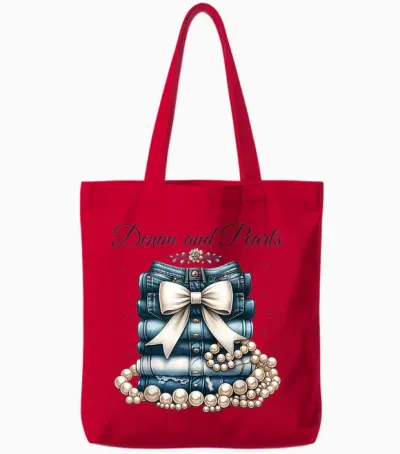 Pearls & Denim 2025 Outfit for Stylish Women Tote Bags - Red