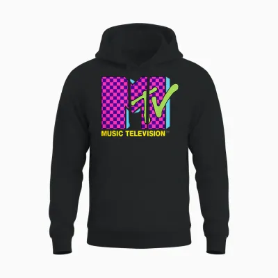 Mtv Music Television Retro 80's Neon Pink Checkerboard Logo Unisex Hoodie - Black