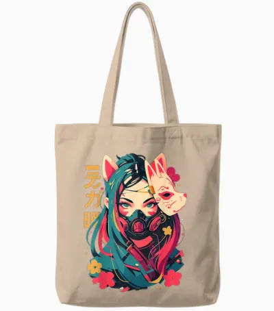 Anime Manga Cyberpunk Aesthetic Techwear Harajuku Kitsune T-Shirt, Black Tote Bags - Natural
