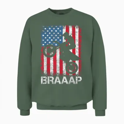 Braaap Vintage Usa American Flag Tee Motocross Dirt Bike Unisex Sweatshirt - Military Green
