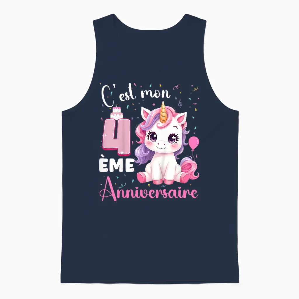 Enfant C'est Mon 4 ème Anniversaire Unicorn Birthday 4 Years T-Shirt, Black, 2 Unisex Tank Top in Navy
