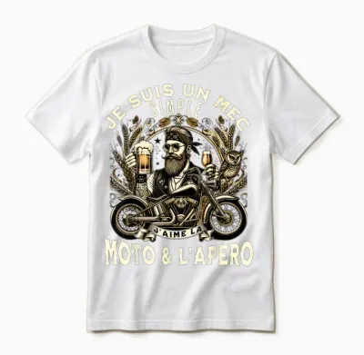 Gift Fan Motorcycle and Aperitif Biker Humour Alcohol Funny T-Shirt, Black, S Unisex T-Shirt - White