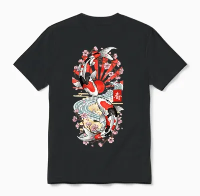 Japanese Koi Carp Fish Cherry Blossom Men Women Unisex T-Shirt - Black