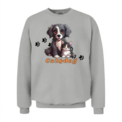 Cute Gray Cat and Dog Wit Each Other Unisex Sweatshirt - Ash