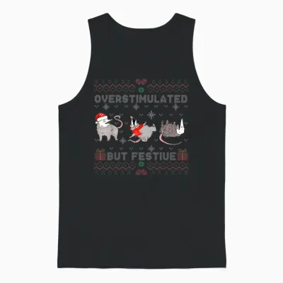 Overstimulated but Festive Opossum Ugly Sweater Christmas Unisex Tank Top - Black