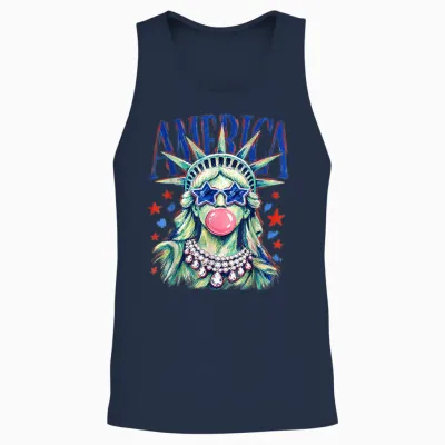 Statue of Liberty Blowing Bubble Preppy Brushstroke Usa Unisex Tank Top - Navy