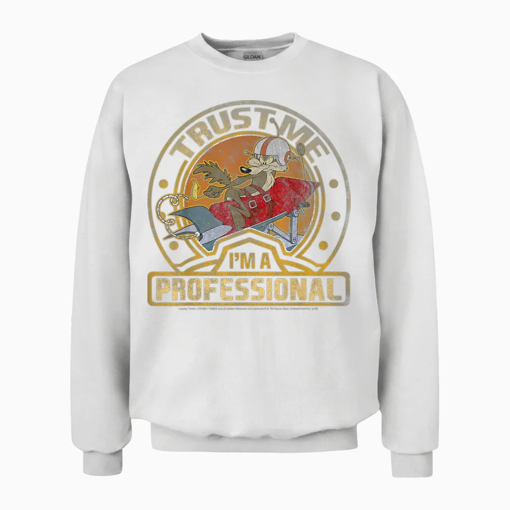 Looney Tunes Wile E. Coyote Trust Me I'm a Professional Short Sleeve Unisex Sweatshirt in White