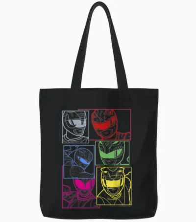 Power Rangers Group Shot Color Silhouette Line Art Panels Tote Bags - Black