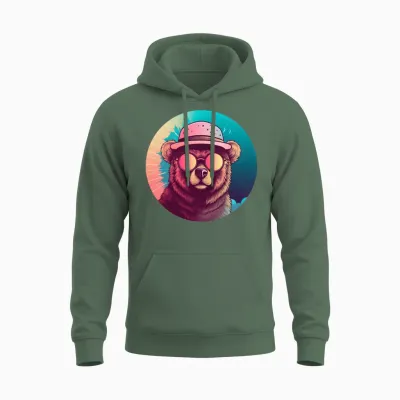 Retro Bear Lovers Design Unisex Hoodie - Military Green