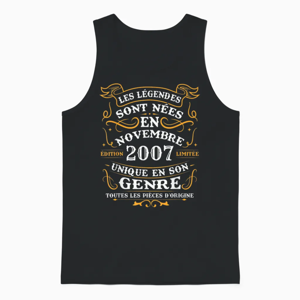 Vintage Birthday Gift 18 Years Born in November 2007 Unisex Tank Top in Black