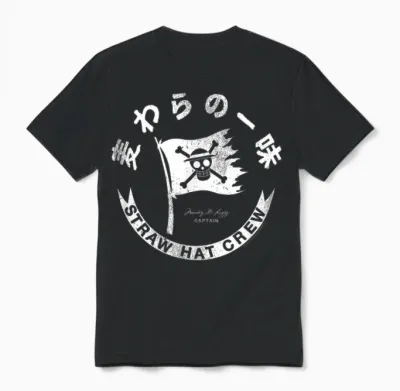 One Piece Anime Straw Hat Crew Flag with Kanji Unisex T-Shirt - Black