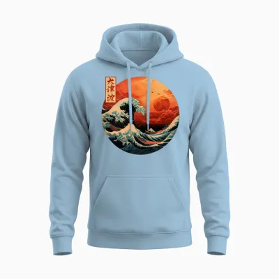 The Great Wave Kanagawa Japanese Streetwear Long Sleeve, Black, S Unisex Hoodie - Light Blue