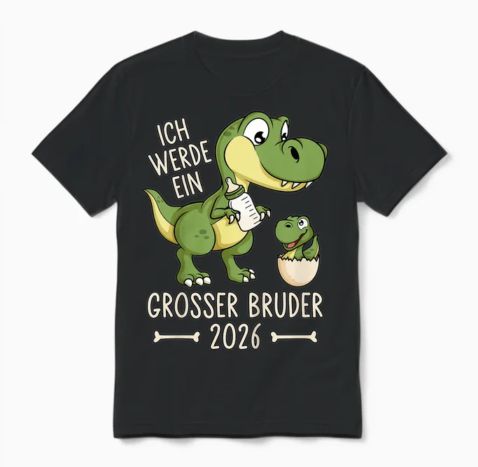 Children's Siblings Baby Dino I Will Be a Big Brother 2026 Unisex T-Shirt in Black