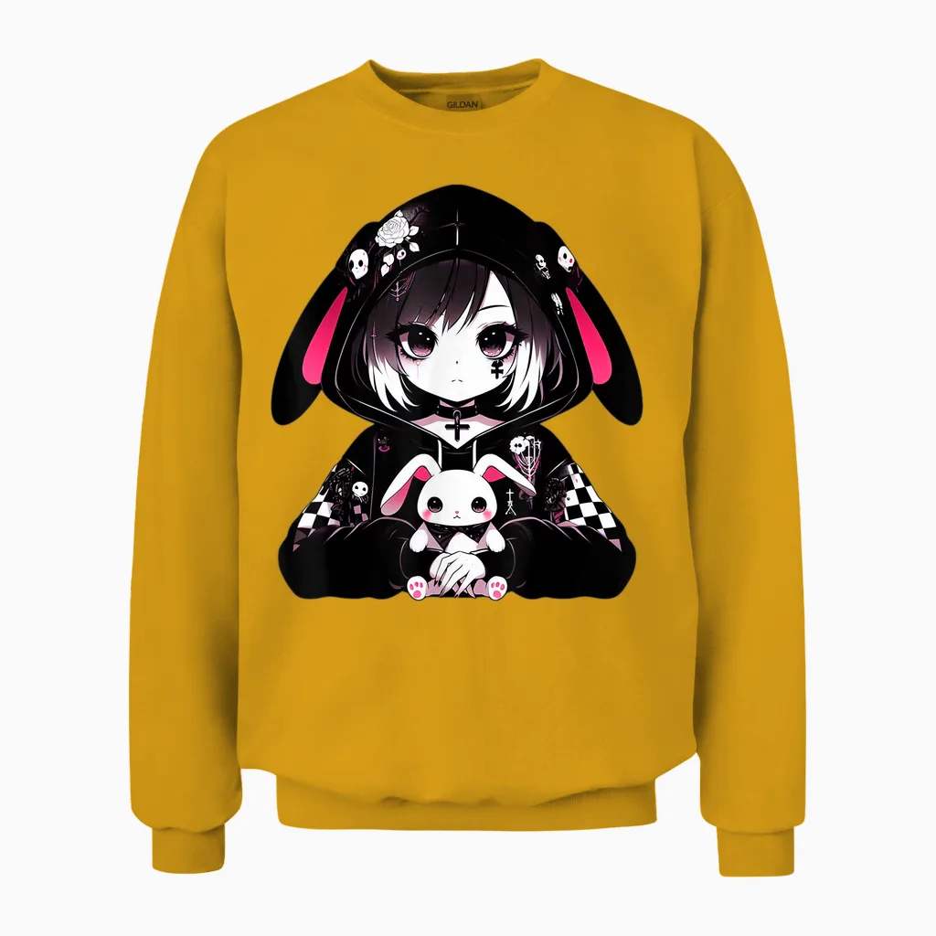 Goth Bunny Anime Girl Kawaii Gothic Creepy Art Japanese T-Shirt, Black, S Unisex Sweatshirt in Gold