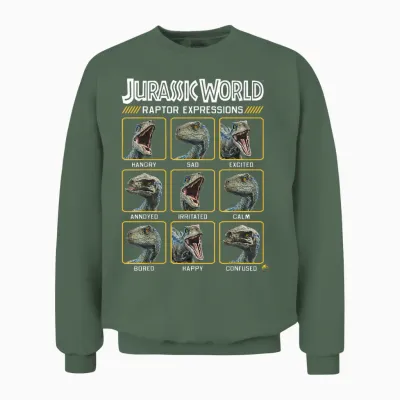 Jurassic World Two Blue Raptor Expressions Graphic Short Sleeve Unisex Sweatshirt - Military Green
