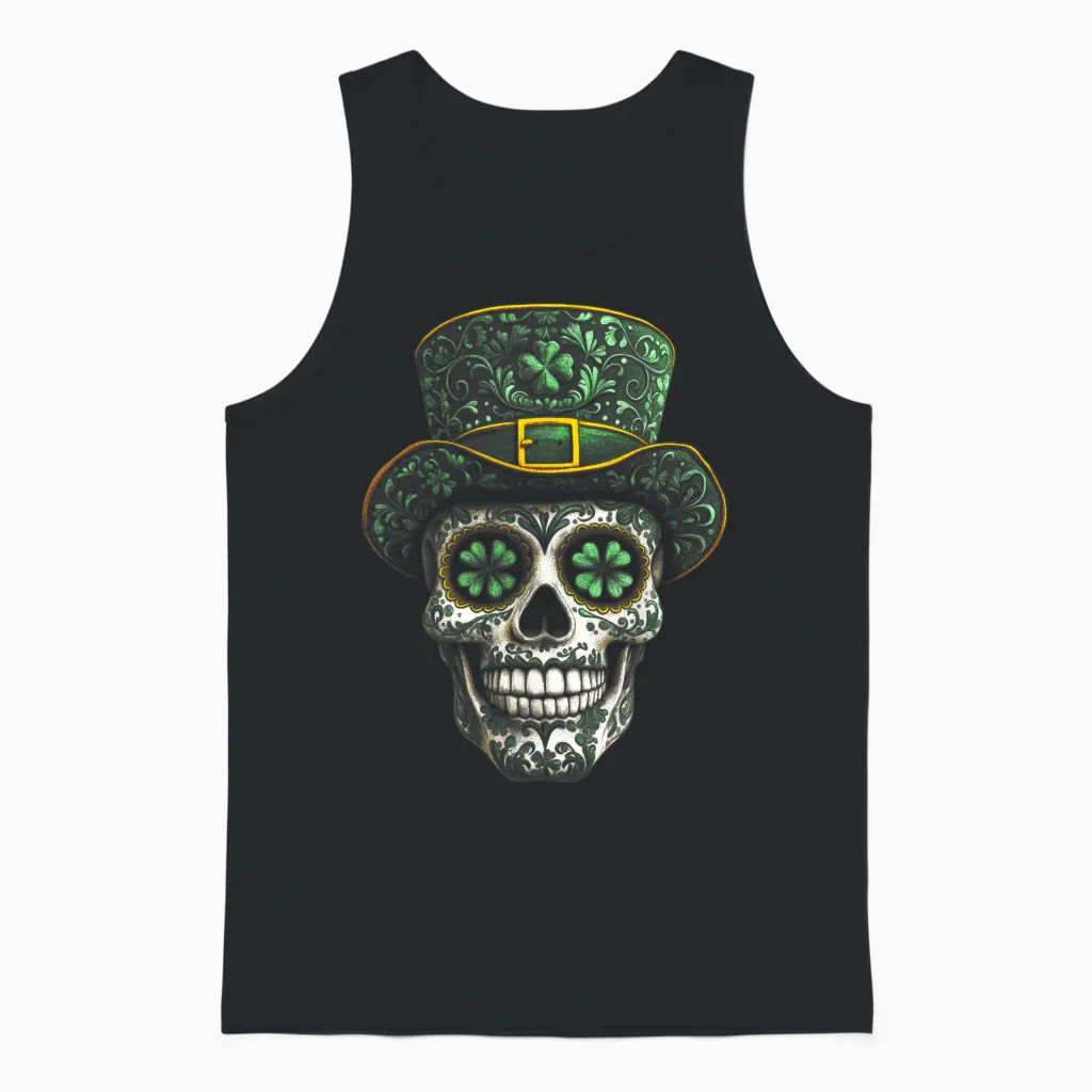Sugar Skull St Patrick Day of the Dead Lucky Shamrock Clover Unisex Tank Top in Black