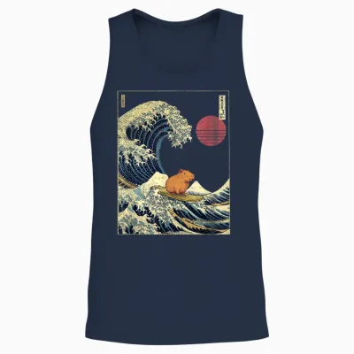 Capybara Japanese Kanagawa Wave Funny Surf Animal T-Shirt, Black Unisex Tank Top - Navy