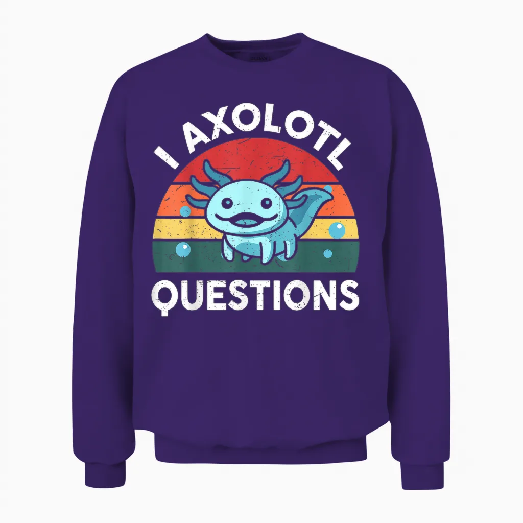 Kids I Axolotl Questions Funny Graphic Tees Unisex Sweatshirt in Purple