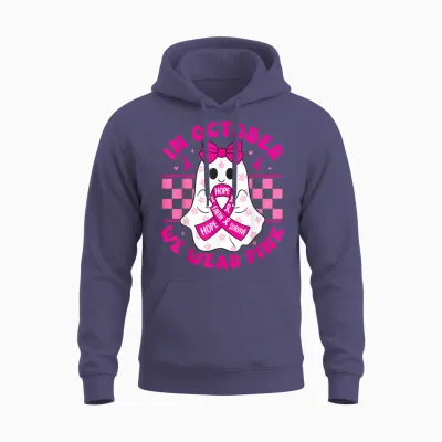 Spooky Halloween Ghost Pink Breast Cancer Awareness 2025 Unisex Hoodie - Heather Sport Dark Navy