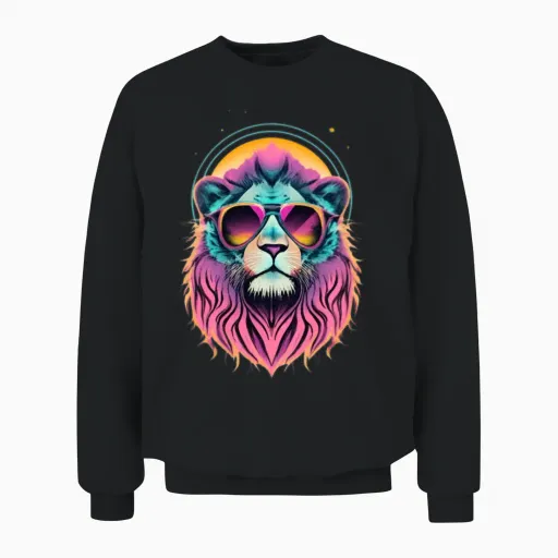Retro Cool Lion Wearing Sunglasses - Retro Sunset Unisex Sweatshirt in Black