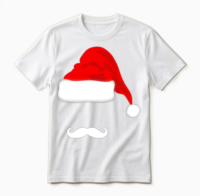 Santa Hat and Mustache - Christmas Unisex T-Shirt in White