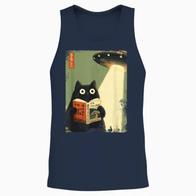 Vintage Japanese Cat Book for Ufo Lovers Alien Abduction Unisex Tank Top - Navy