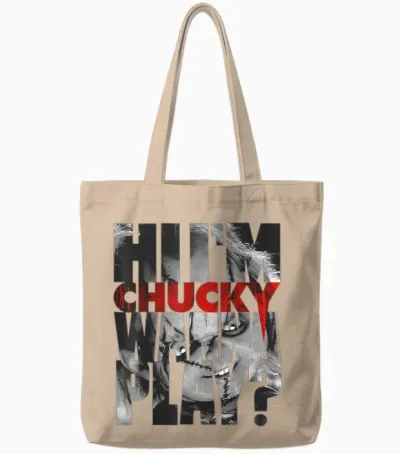 Child's Play Hi I'm Chucky Wanna Play Text Fill T-Shirt Small Tote Bags - Natural