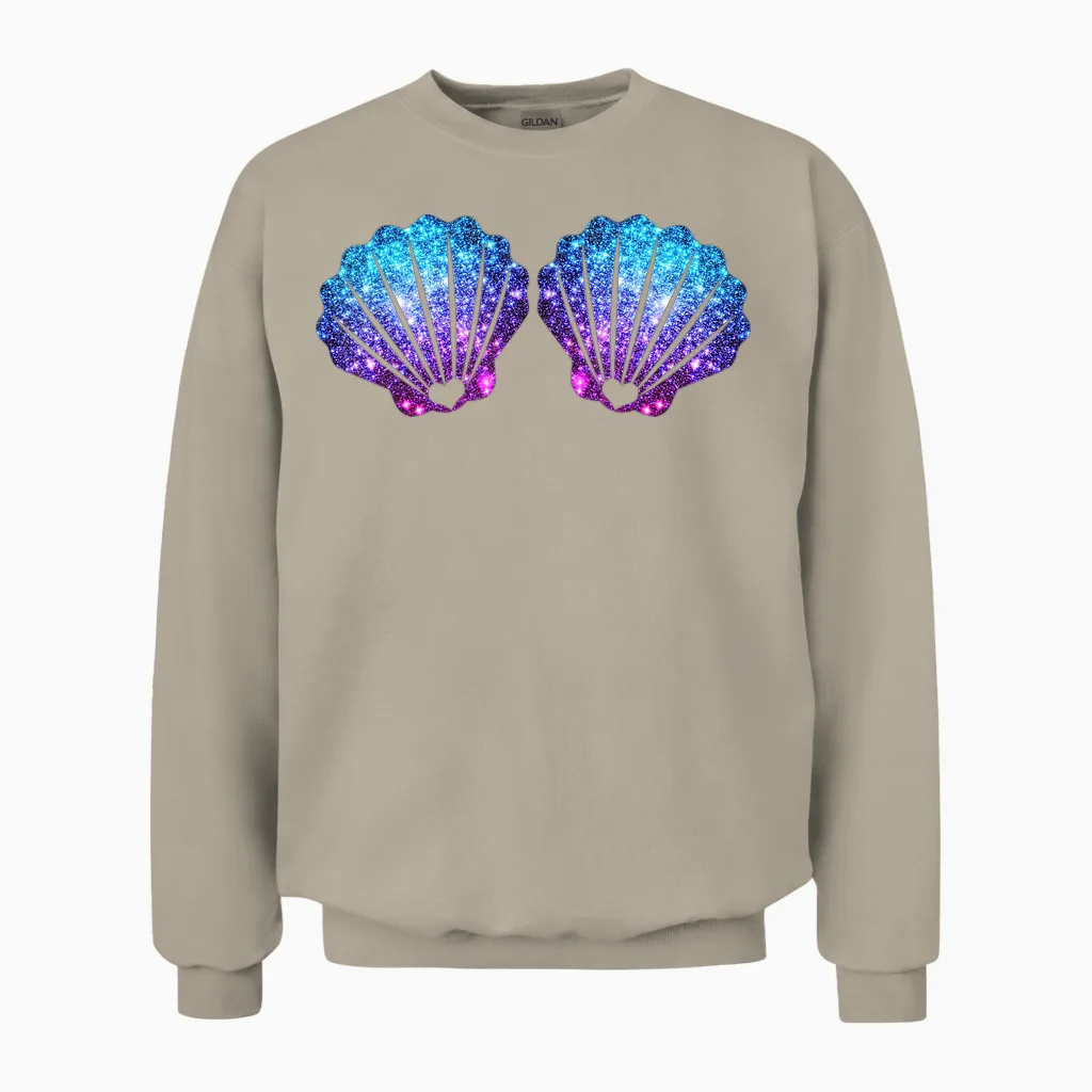 Mermaid Shell Bra Costume T-Shirt, Black Unisex Sweatshirt in Sand