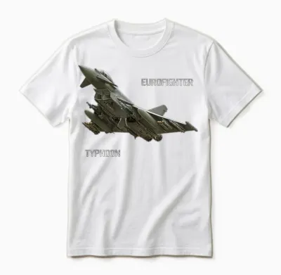 Dasdirkdesign Eurofighter T-Shirt Schwarz Herren Erwachsene Klein Klassische Passform Kurzarm Crew-Ausschnitt Spreizkragen Klassisch Militärisch Flugzeug Unisex T-Shirt - White