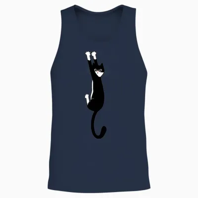 Black and White Cat Hanging On Unisex Tank Top - Navy
