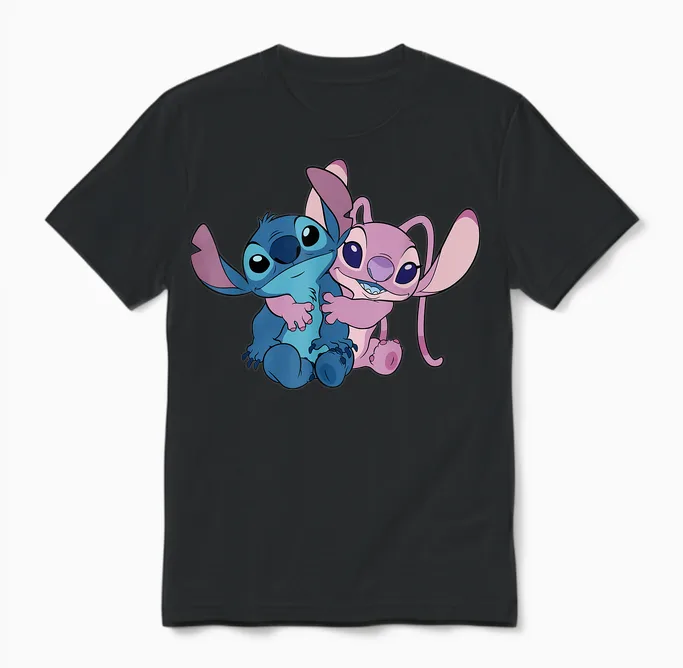 Disney Stitch & Angel Hug Valentine's Day Couples 2-Sided Unisex T-Shirt in Black