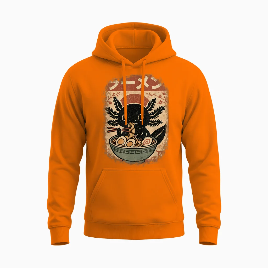 Kawaii Axolotl Ramen Japanese Art Anime Boys Teens Unisex Hoodie in Safety Orange