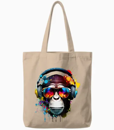 Dj Monkey Monkey with Sunglasses T-Shirt, Black Tote Bags - Natural