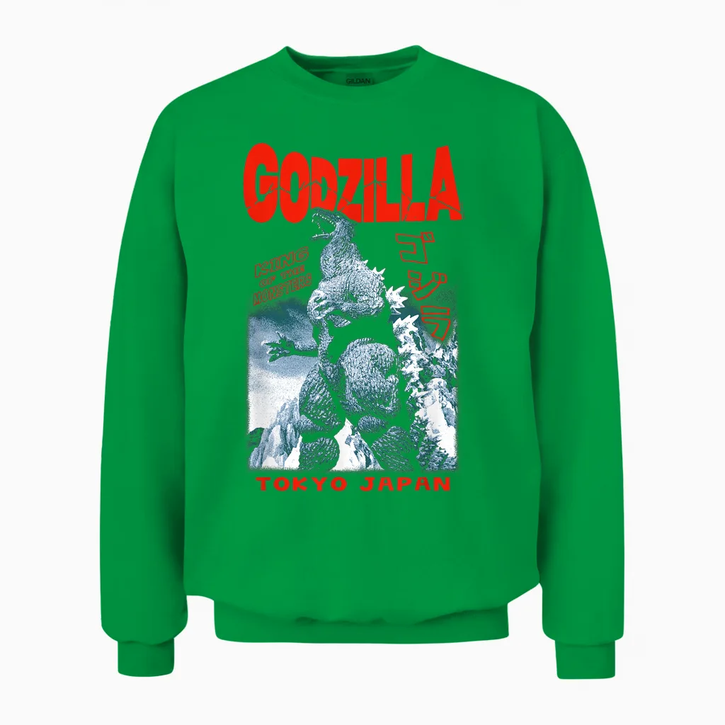 Godzilla King of the Monsters Tokyo Japan Red Text Movie Unisex Sweatshirt in Irish Green