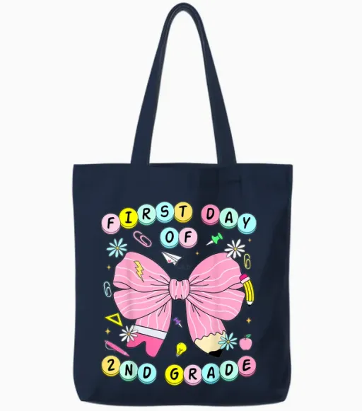First Day of 2nd Grade Girls Coquette Back to School Tote Bags in Navy