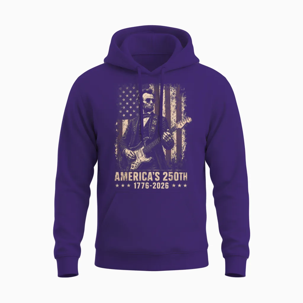 Abraham Lincoln Playing Guitar 4th July 250th Anniversary Unisex Hoodie in Purple