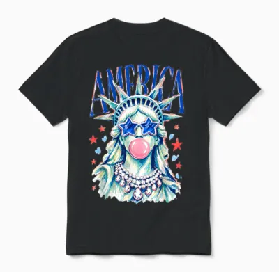 Brushstroke Statue of Liberty Blowing Bubble Gum 4th of July Unisex T-Shirt - Black