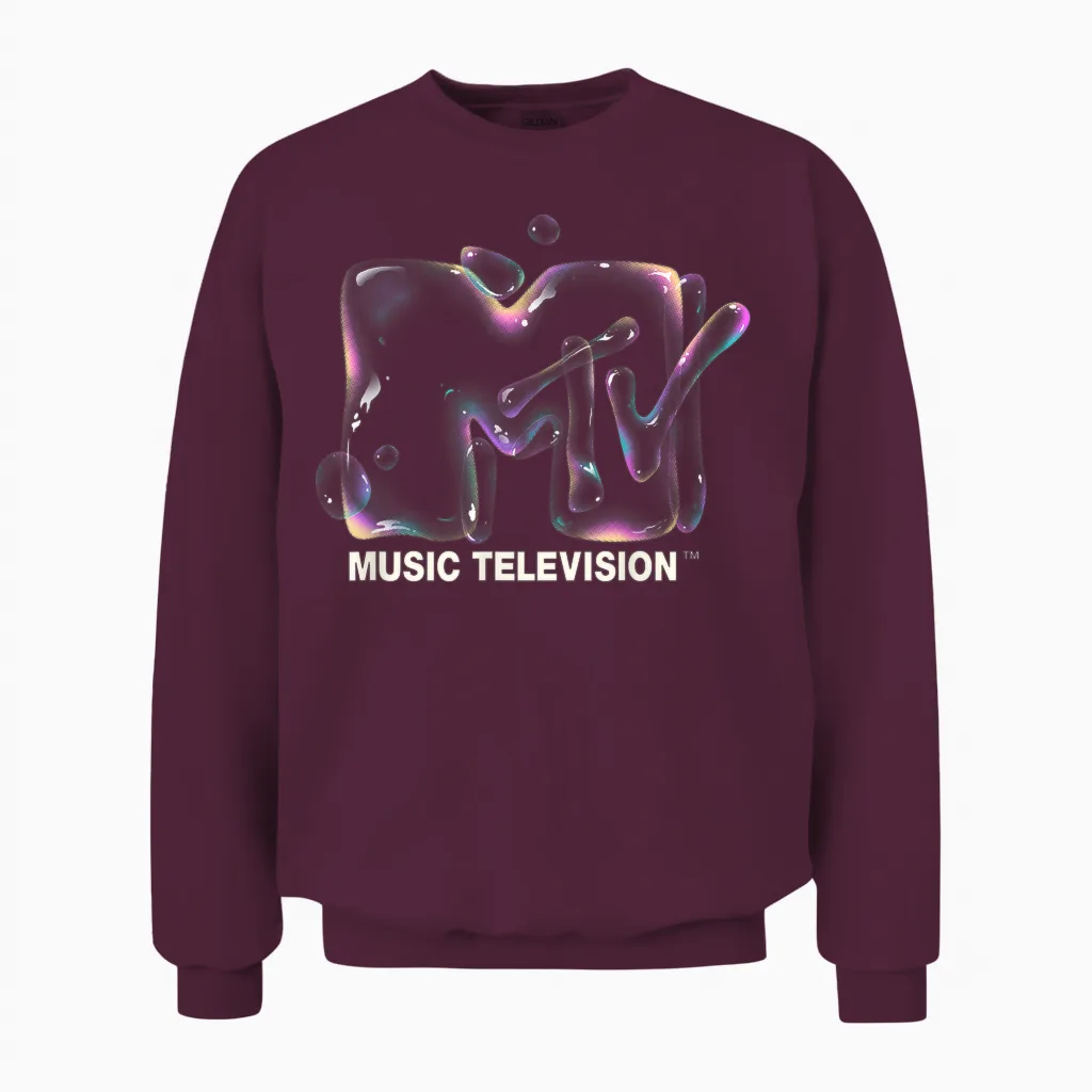 Mademark X Mtv - Mtv Logo Soap Bubbles Rainbow Detergent Liquid Bubble Mtv Unisex Sweatshirt in Maroon